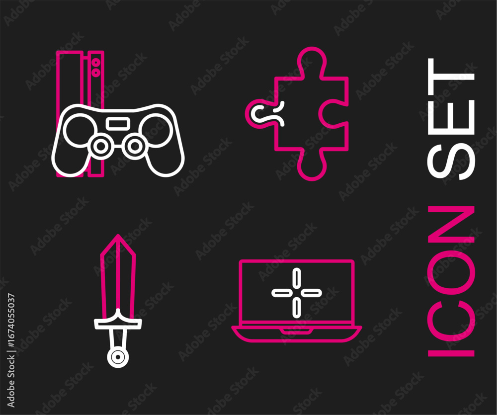 Aufkleber set line laptop, sword for game, piece of puzzle and game console with joystick icon. vector