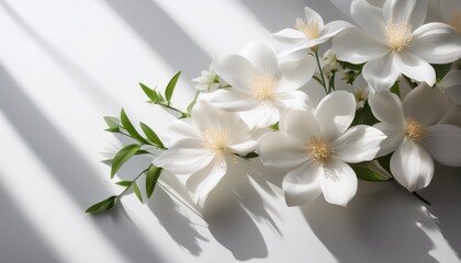 minimalist arrangement of delicate white flowers casting soft shadows on a serene background ideal for wellness and relaxation themes