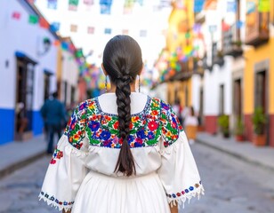 Generated image　伝統的なメキシコ民族衣装をまとった女性の後ろ姿。鮮やかな刺繍とカラフルな街並みが調和する、文化と歴史を感じる情景。