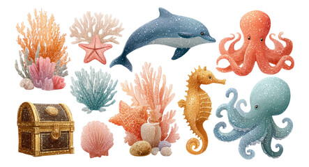 Colorful Marine Life and Coral Illustrations on Isolated Background