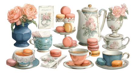 Vintage Tea Set with Flowers and Macarons on Display