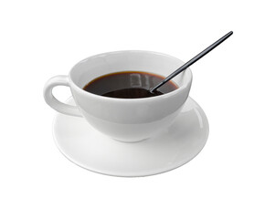 Hot black coffee in white cup on saucer, Cup of black coffee isolated on white background, White ceramic cup with hot black coffee, Cup of Americano coffee on white background, with clipping path