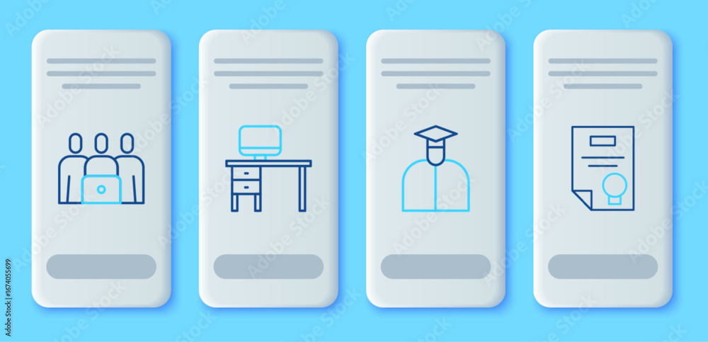 Aufkleber set line computer monitor and desk, student, online class and certificate template icon. vector