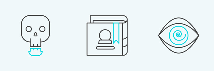 Set line Hypnosis, Skull and Ancient magic book icon. Vector