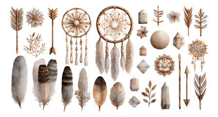 Decorative Objects and Feathers on Transparent Background