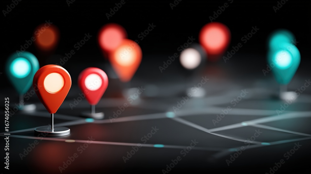Poster modern digital map with colorful location pins indicating places on a dark futuristic navigation int