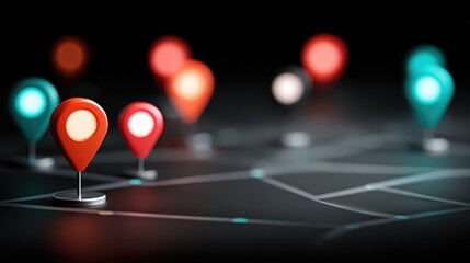 Modern digital map with colorful location pins indicating places on a dark futuristic navigation interface