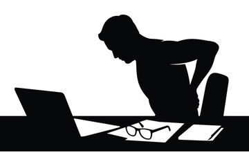 Silhouette of a person experiencing back pain while working at a desk with a laptop
