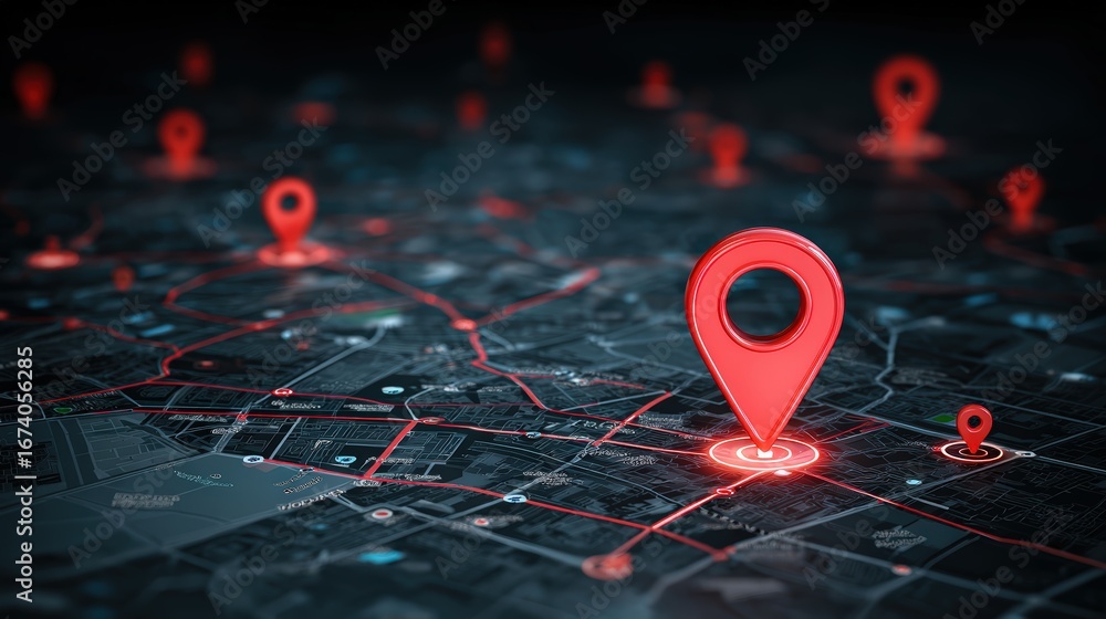 Poster highly detailed futuristic digital map with multiple location markers and illuminated pathways for n