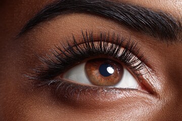 Obraz premium African American Eyebrow. Close-Up of Model's Eye with Mascara and Long Brown Eyebrows