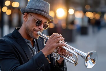 Musician plays trumpet in the vibrant city square during sunset with glowing lights