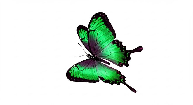 鮮やか緑の蝶 軽やかに舞う 美しい羽根 白背景 (Azayaka midori no chou karoyaka ni mau utsukushii hane shiro haikei) Translation: Vibrant green butterfly dances lightly beautiful wings white background. AI Generated