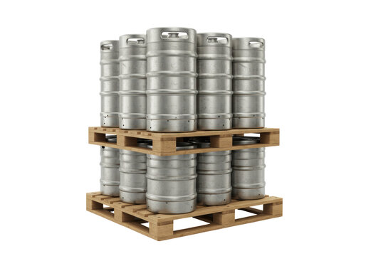 Isolated Stack of Kegs on Pallets, perfect for Brewery, Pub, or Beer Festival marketing needs