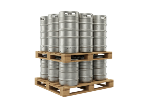 Isolated Stack of Kegs on Pallets, perfect for Brewery, Pub, or Beer Festival marketing needs