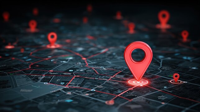 Highly detailed futuristic digital map with multiple location markers and illuminated pathways for navigation and tracking