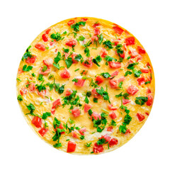 omelet with tomatoes and herbs, isolated on white background with clipping path
