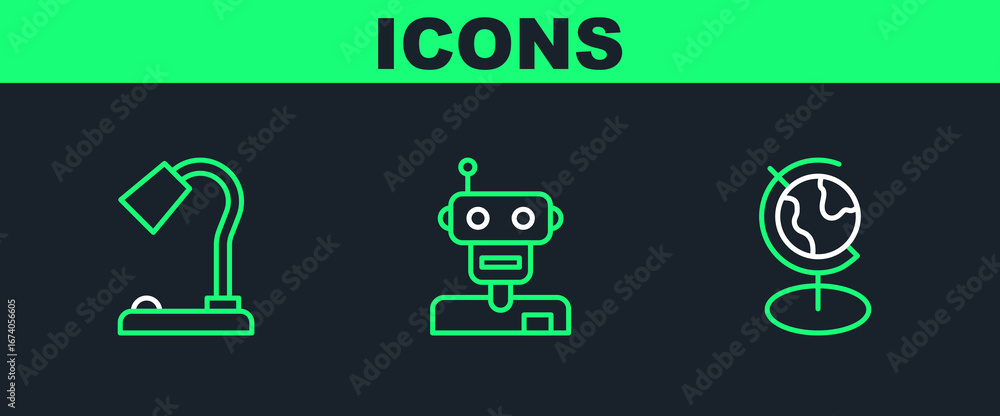Poster set line earth globe, table lamp and robot icon. vector