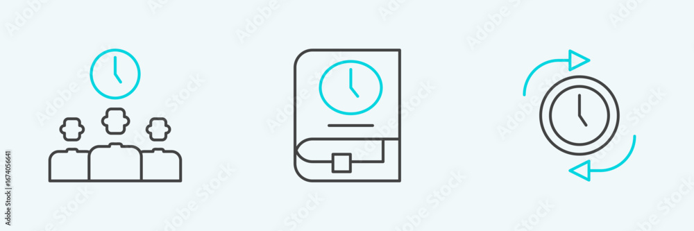 Poster set line clock with arrow, time management and for book icon. vector