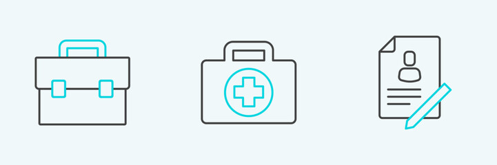 Fototapeta premium Set line Document with shield, Briefcase and First aid kit icon. Vector