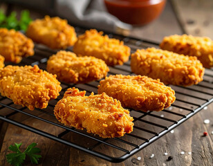 Golden crispy fried chicken patties resting on a cooling rack, freshly cooked with crunchy texture, ready to be served with dipping sauce.
