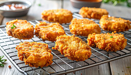 Golden crispy fried chicken patties resting on a cooling rack, freshly cooked with crunchy texture, ready to be served with dipping sauce.