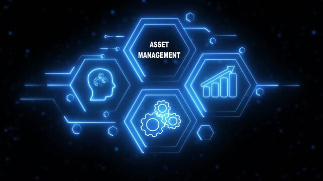 Abstract neon Hud knowledge ability business gear icon Glowing neon line concept. Glowing "ASSET MANAGEMENT" button in German on a futuristic, abstract wave technology on black background.
