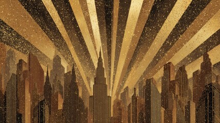 Art Deco Roaring 20S. Glittering Golden Metropolis: Vintage Futurism in the City Illuminated by Rays of Light