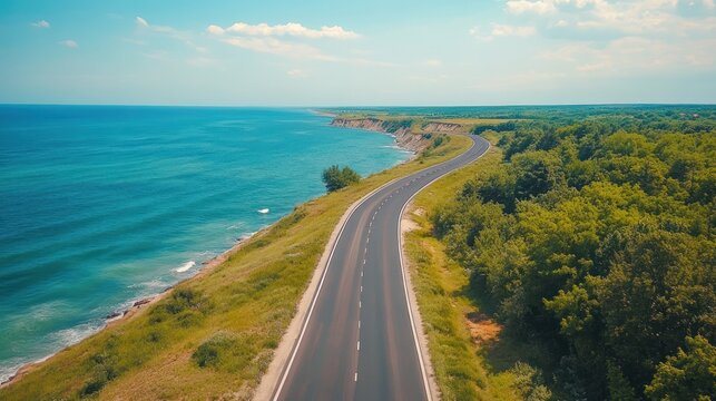 Coastal Road Winding Along Ocean, Aerial View