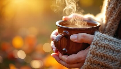 Hands warm steaming brown mug of hot coffee tea outdoors in autumn. Soft sunlight filters through blurred autumn foliage, creating cozy atmosphere ideal for morning relaxation cafe visits. Enjoy