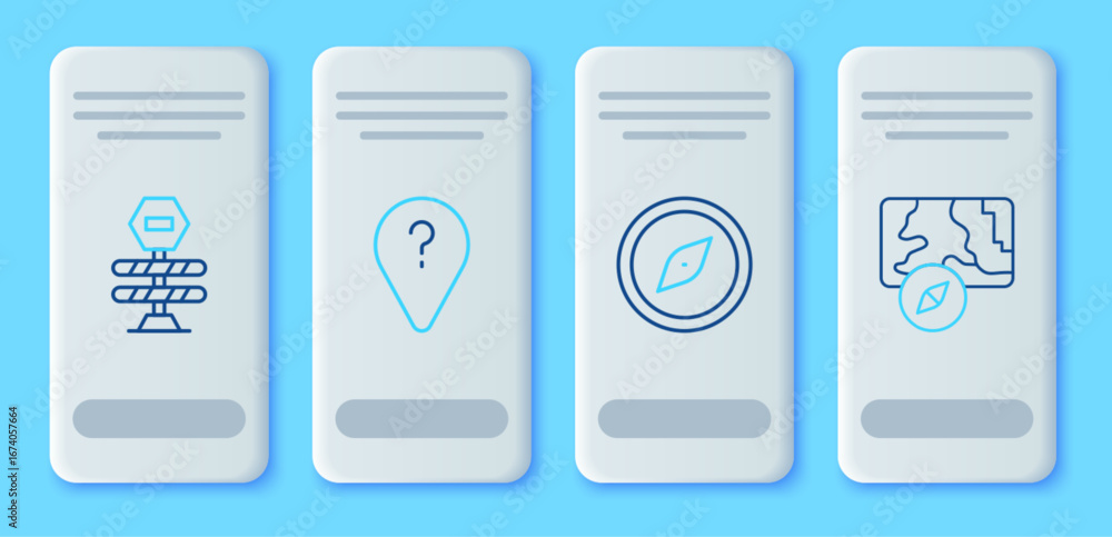 Poster set line unknown route point, compass, road barrier and city map navigation icon. vector