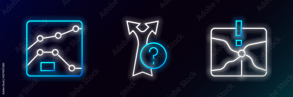 Poster set line intersection point, graph, chart, diagram and arrow icon. glowing neon. vector