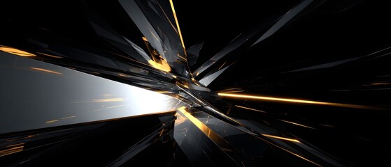 Abstract 3D metallic and golden shards with futuristic explosion effect on black background, modern technology and digital art concept