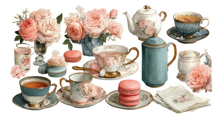 Vintage Tea Set with Flowers and Macarons Display