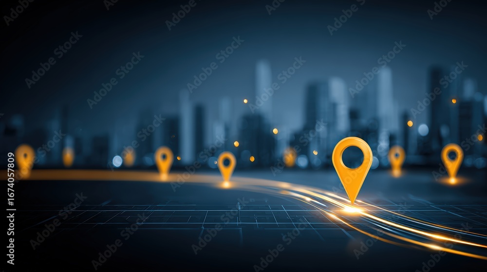 Poster digital map with location markers and glowing cityscape in the background illustrating navigation an