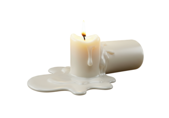 Isolated candle burning with melted wax dripping from the side, lying on spilled wax