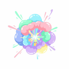 Dynamic Pastel Cartoon Explosion with Soft Puffs and Bright Central Starburst Effect.