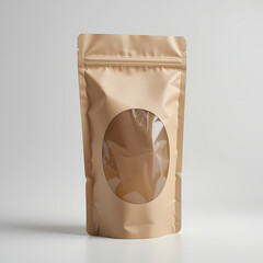 Kraft Paper Pouch Mockup with Oval Transparent Window | Eco-Friendly Stand-Up Packaging Design