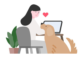 在宅勤務でペットと過ごす女性