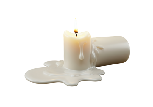 Isolated candle burning with melted wax dripping from the side, lying on spilled wax - Powered by Adobe