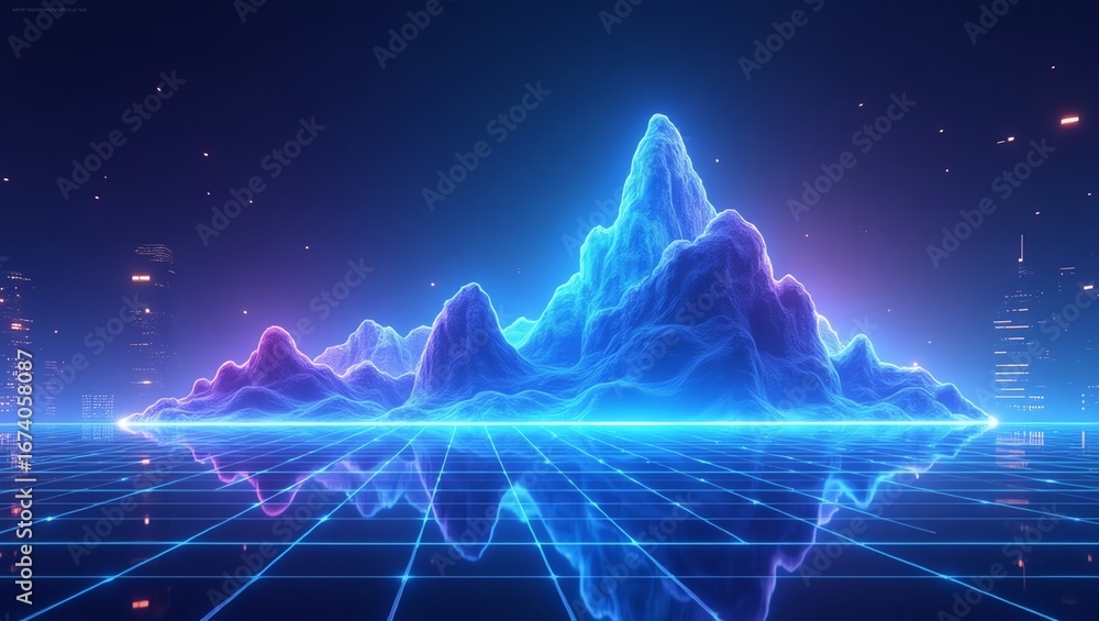 Poster glowing mountain range with digital grid reflection