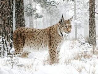 Fototapeta premium Bobcat Illustration: Realistic Drawing of a White Lynx in the Taiga Forest