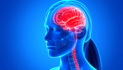 Illustration of a female head with a highlighted red brain and spinal cord against a blue background.