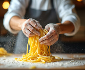 Chef hands meticulously prepare fresh handmade pasta, dusting long noodles with flour. Vibrant kitchen setting with bokeh lights enhances the artisan cooking process and culinary skill.