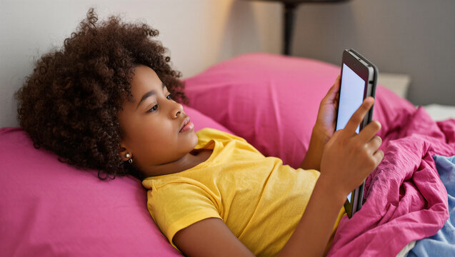 An afro-american young girl lying in bed under pink blankets, wearing a yellow t-shirt, holding a tablet with a blank screen, illuminated by a warm bedside lamp.