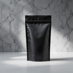 Sleek Matte Black Stand-Up Pouch Mockup on Marble Background