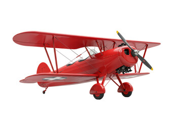 Isolated Old Red Biplane Standing Ready to Fly with Open Cockpit, Retro Design, Single Propeller