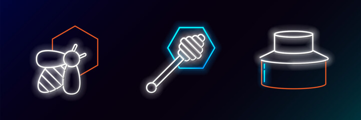 Set line Beekeeper with protect hat, and honeycomb and Honey dipper stick icon. Glowing neon. Vector