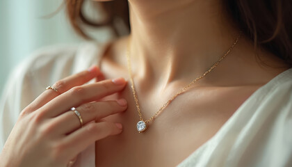 Young woman with elegant diamond pendant necklace. Gold chain on neck, sparkling gem. Delicate rings on hand. Focus on luxurious jewelry and feminine beauty. Bridal accessory, special occasion.