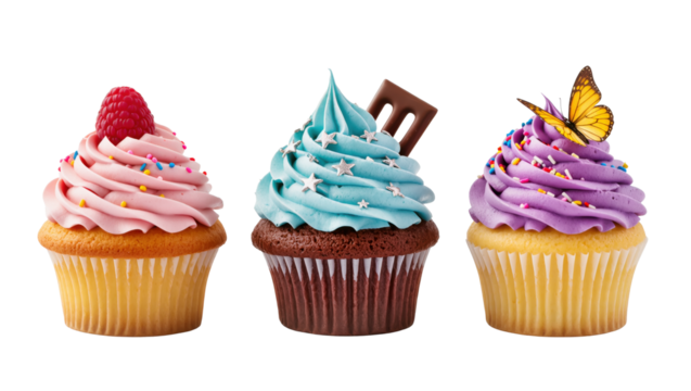 Three colorful cupcakes with decorative frosting, raspberry, chocolate, and butterfly, isolated on transparent background. - Powered by Adobe
