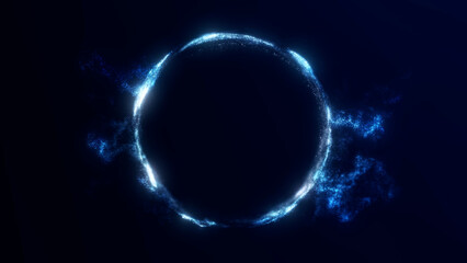 Abstract glowing blue sphere made of dispersing digital particles on dark background. Futuristic sci-fi illustration in high resolution.